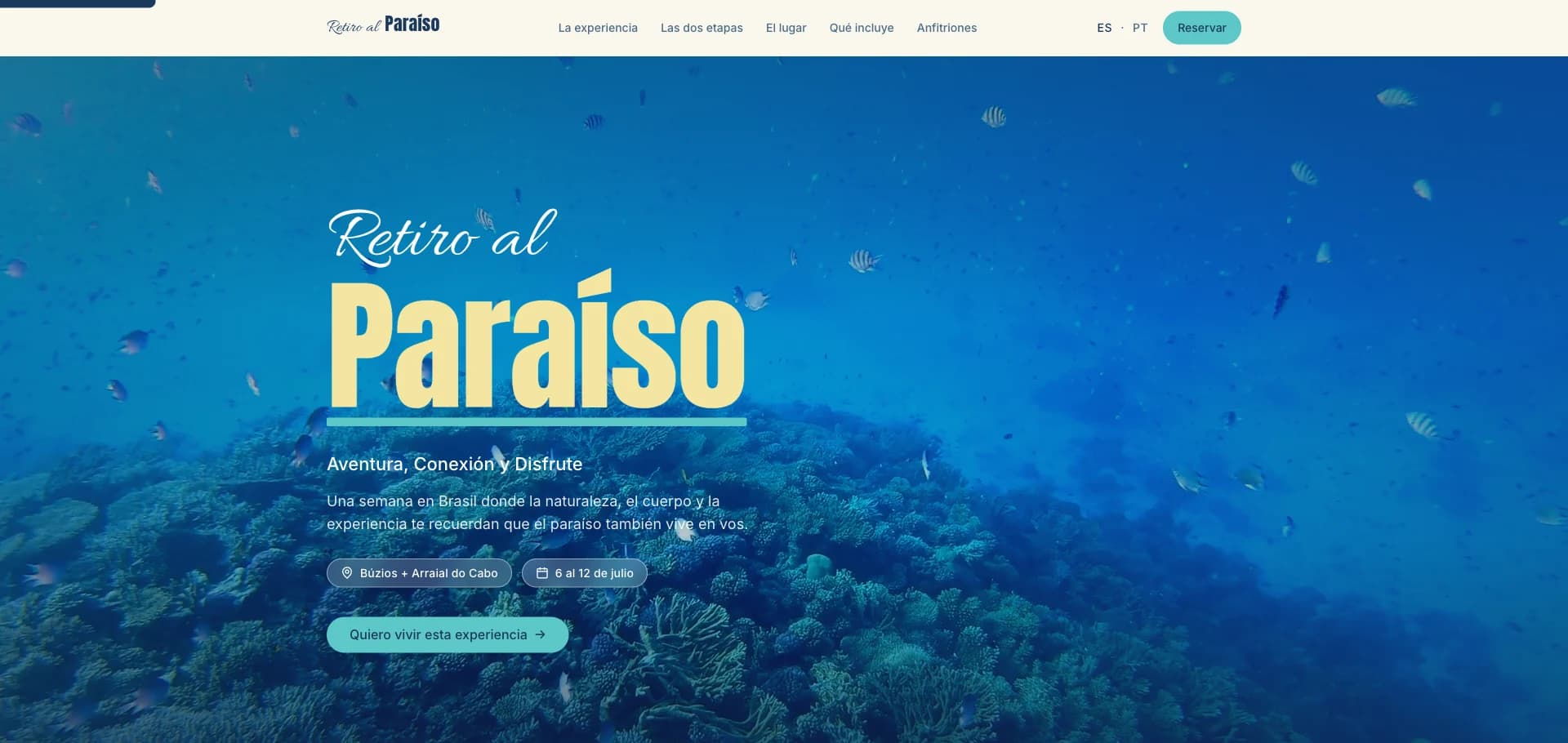 Diseño web para Retiro al Paraíso — Experiencia · Búzios